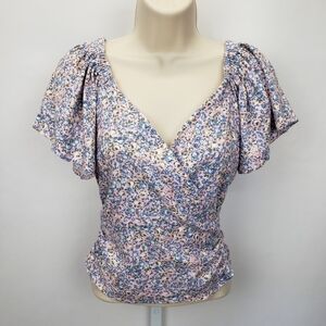 ASTR faux wrap floral flutter sleeve flirty top XS linen blend girly